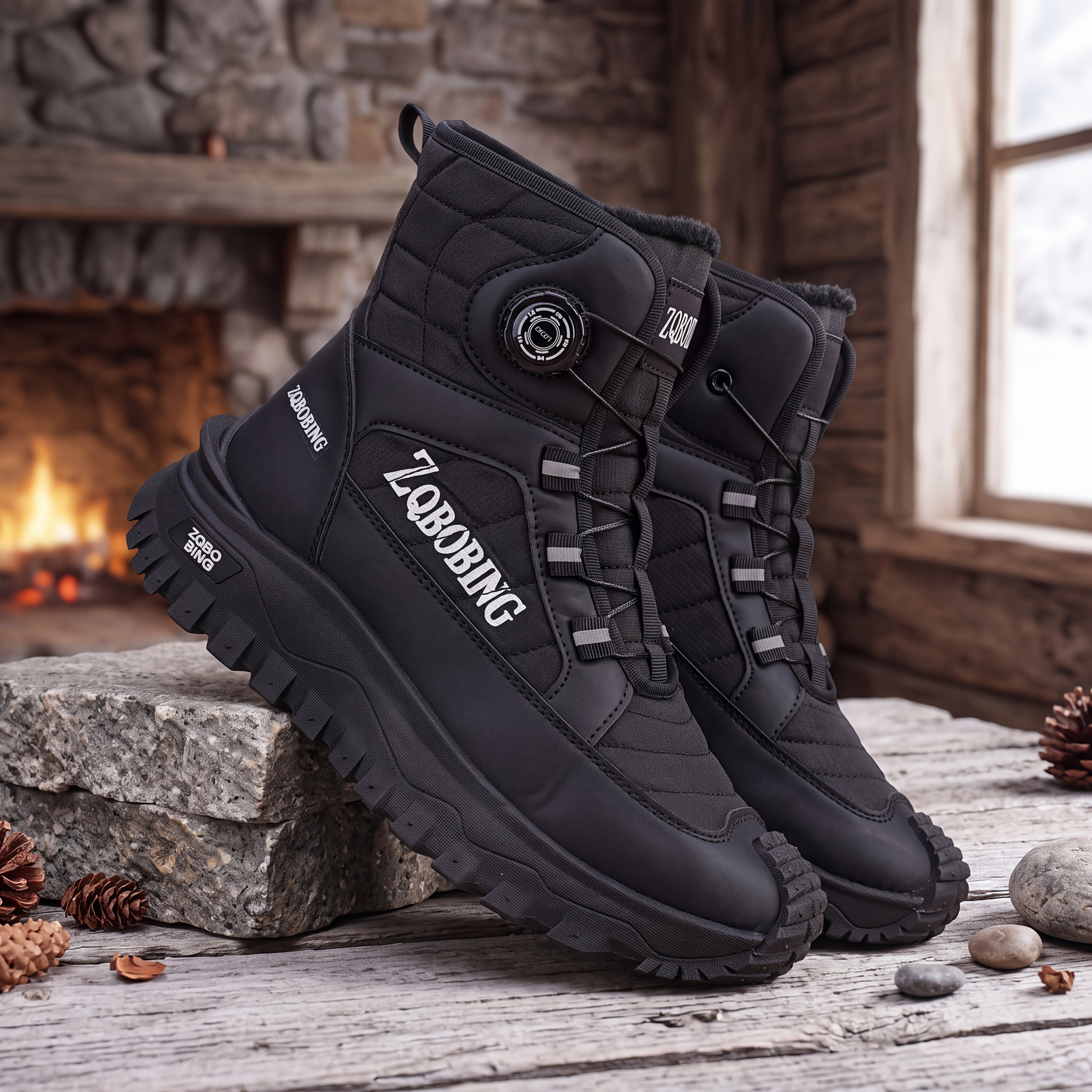TEMU Men's Autumn Winter Fleece-lined Wide Toe Boots - Mid-calf Synthetic Upper, Durable Pvc Sole, Fabric Hiking Pad, Gym, Casual Wear -