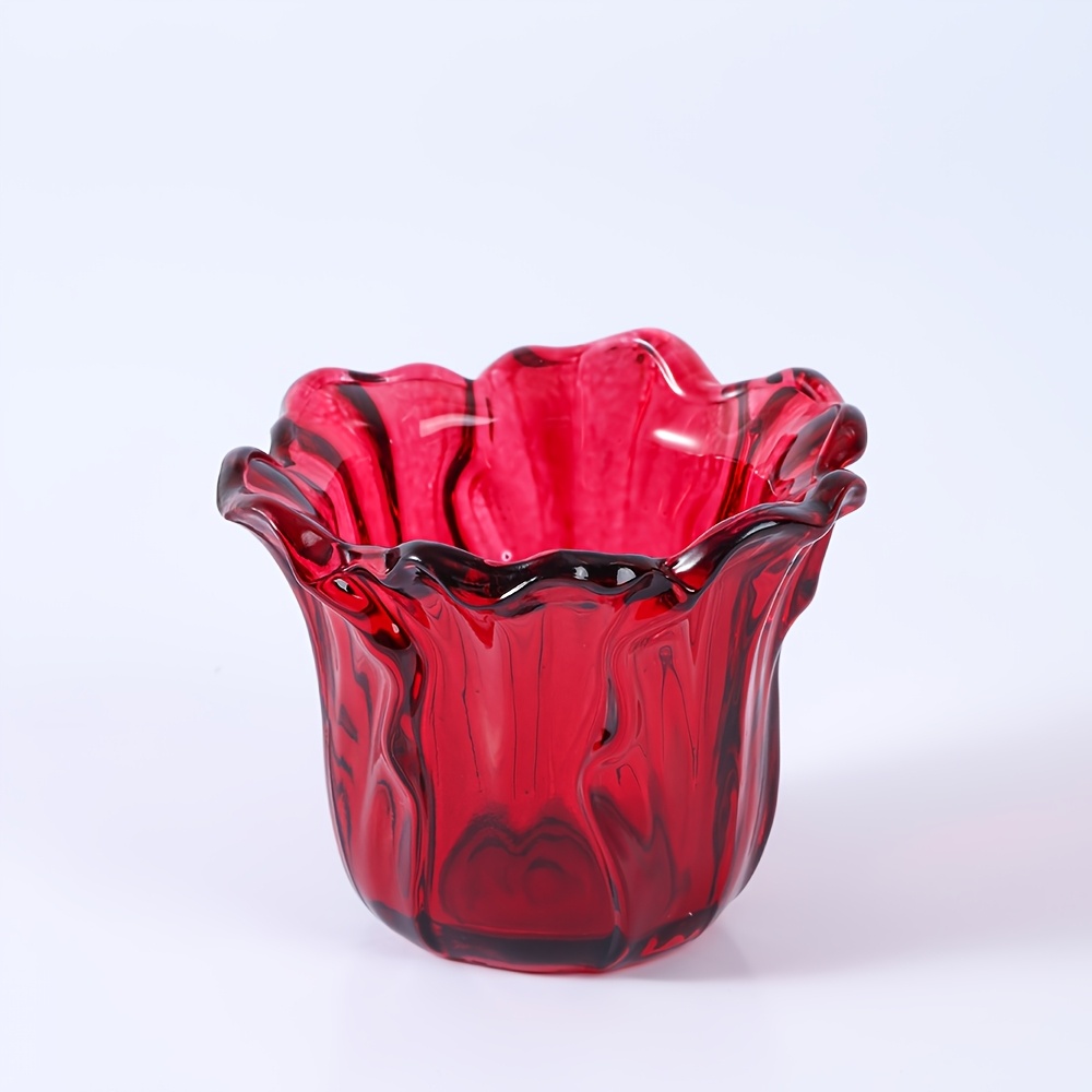 TEMU 1pc Wine Red Tulip Glass Candle Holder With Wavy Rim & Ribbed Petal Votive Cup - Suitable For Home Decor, Scented Candles, Table Centerpiece For