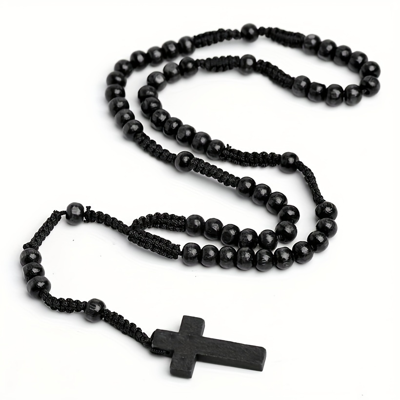 Natural Wood Bead Rosary Necklace With Cross Pendant