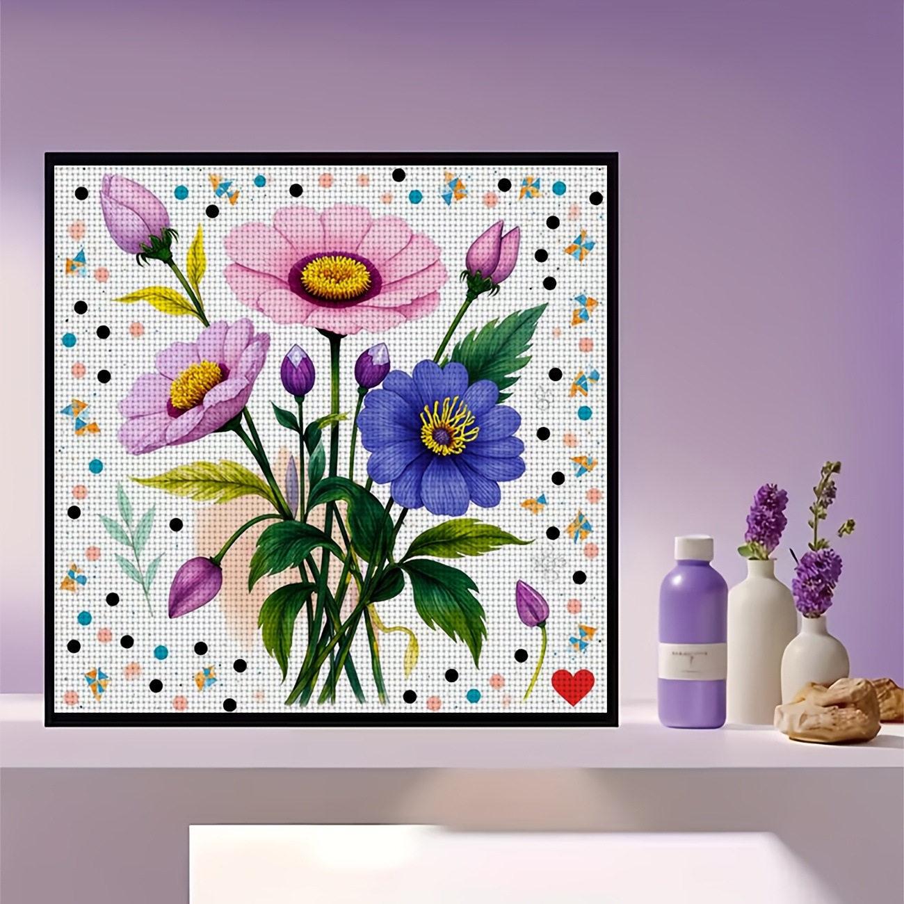Cross Stitch Printed Kit, Frameless, "Colorful Floral Illustration" Pattern