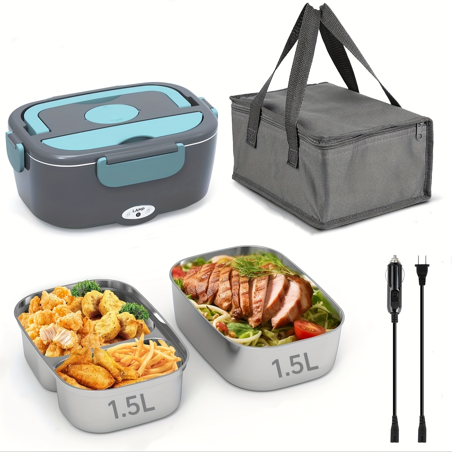 

Electric Lunch Box Food Heater For Work, 80 W Food Warmer For Car With Stainless Steel Containers 1.5 Liters Potable Self Heating Lunch Box For Adults Green