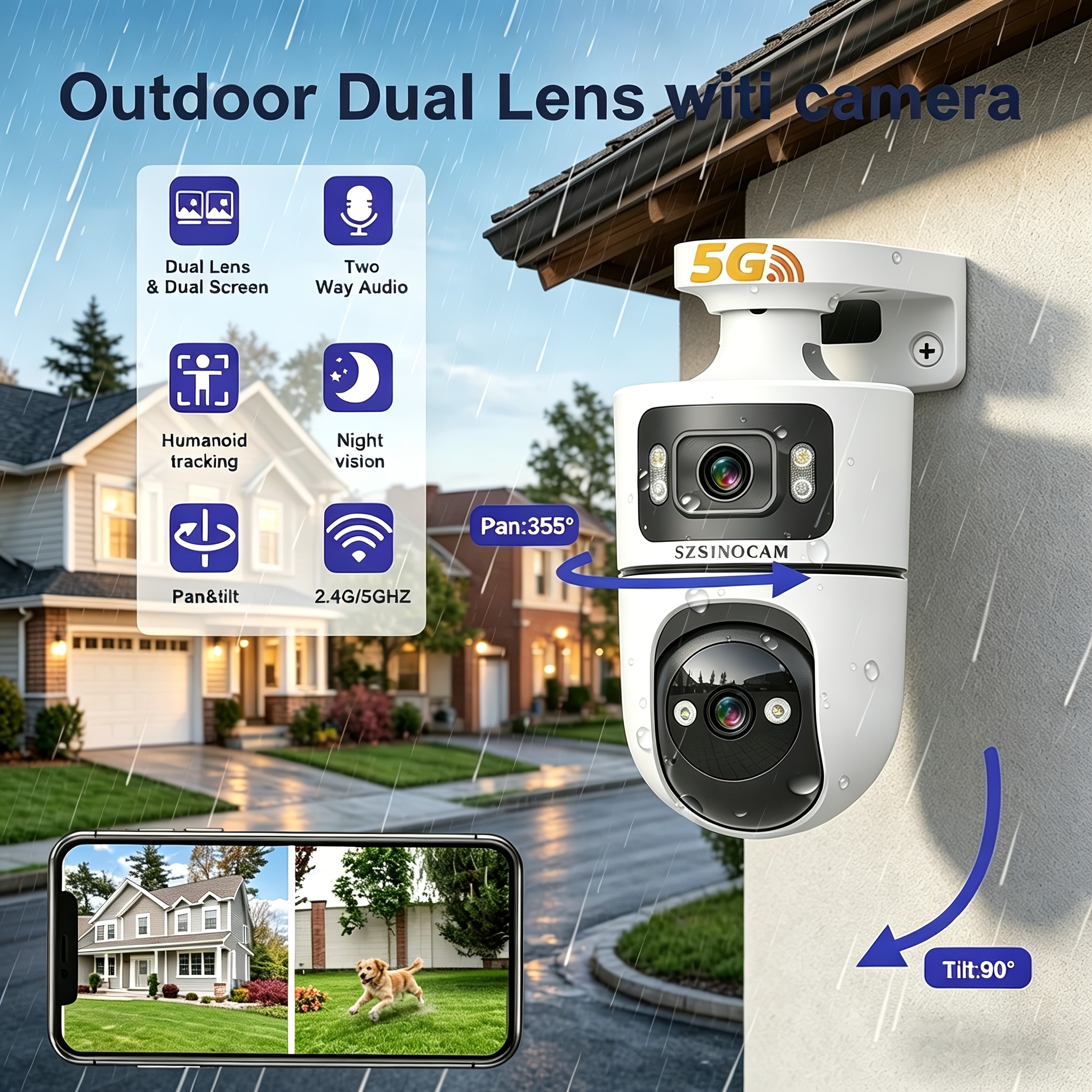TEMU Ip66 360° Outdoor Wireless Security Cameras, 4k Dual Lenses, 2.4/5g Wifi, Baby/pet Monitor, Support Cloud & Sd Stroage, Night Vision, Dynamic