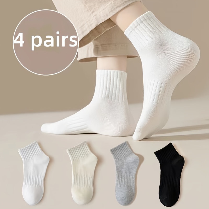 

4 Pairs Solid Short Socks, Simple College Style All-match Socks, Women's Stockings & Hosiery