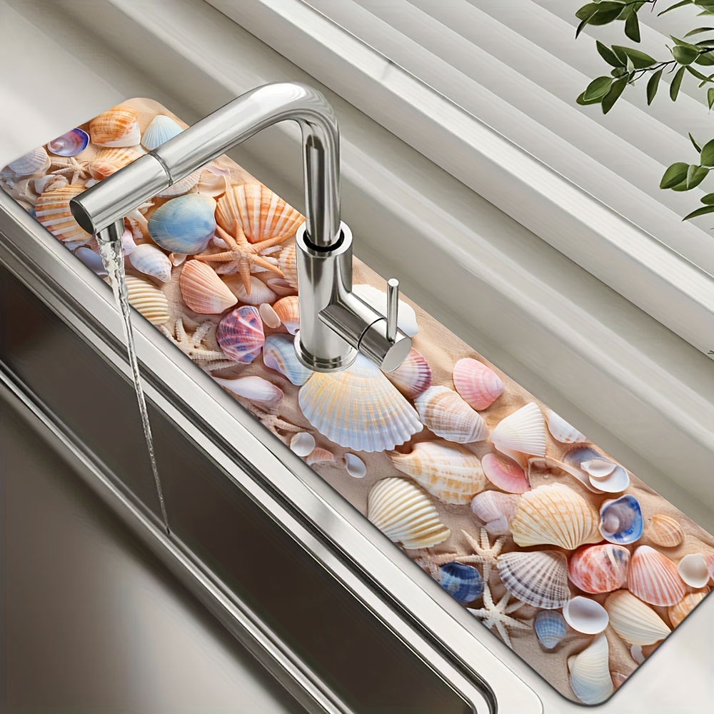 

Viscose Beach Shell Pattern Faucet Absorbent Mat 1pc - Multipurpose Kitchen Sink Draining Pad, Countertop Water Splash Guard, Non-slip Insulating Table Pad, Polyester Cover Decorative Home Accessory