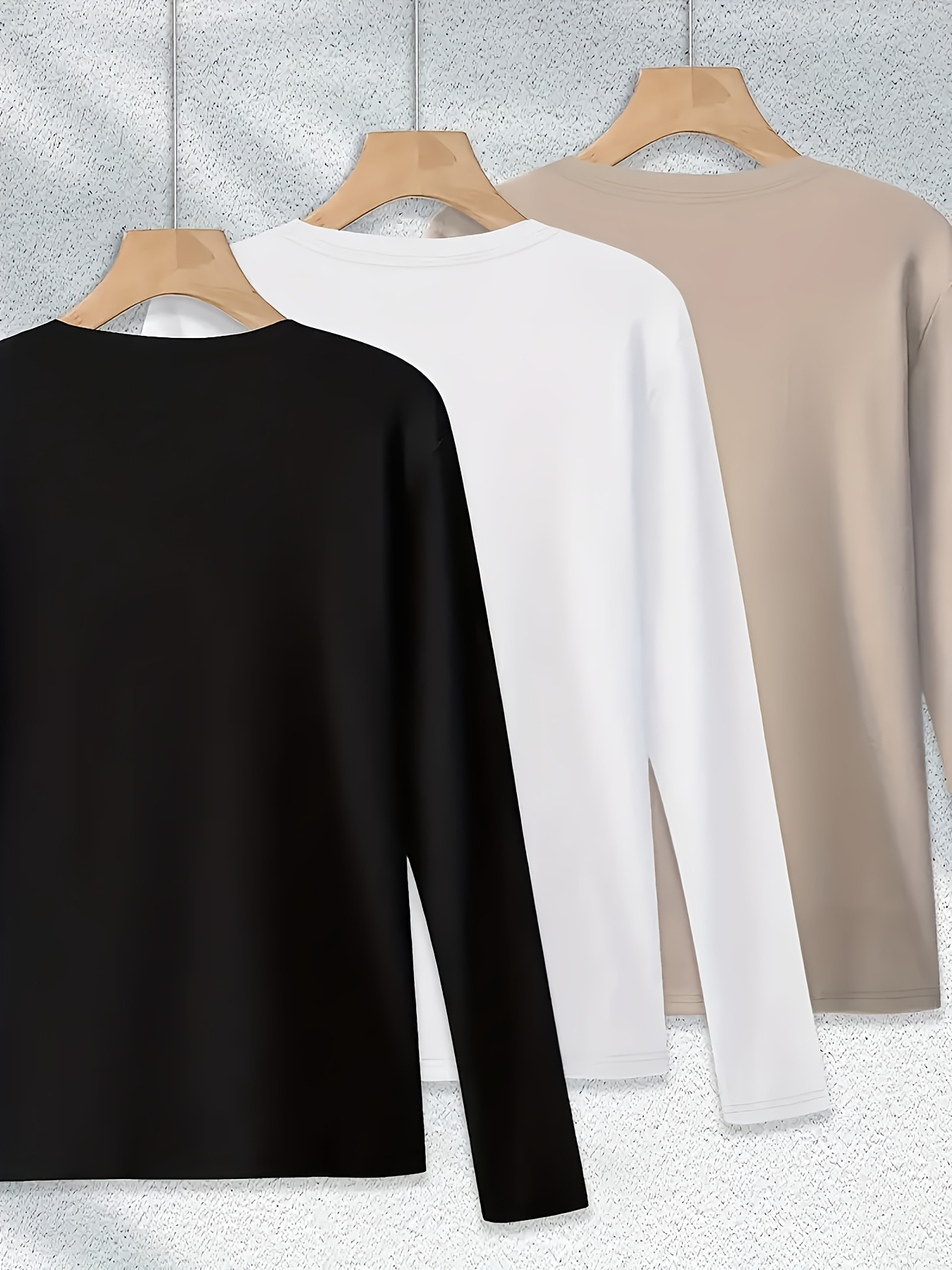 3 pack womens casual crew neck t shirts polyester knit long sleeve   with   stretch solid color regular fit for fall winter Product details 9