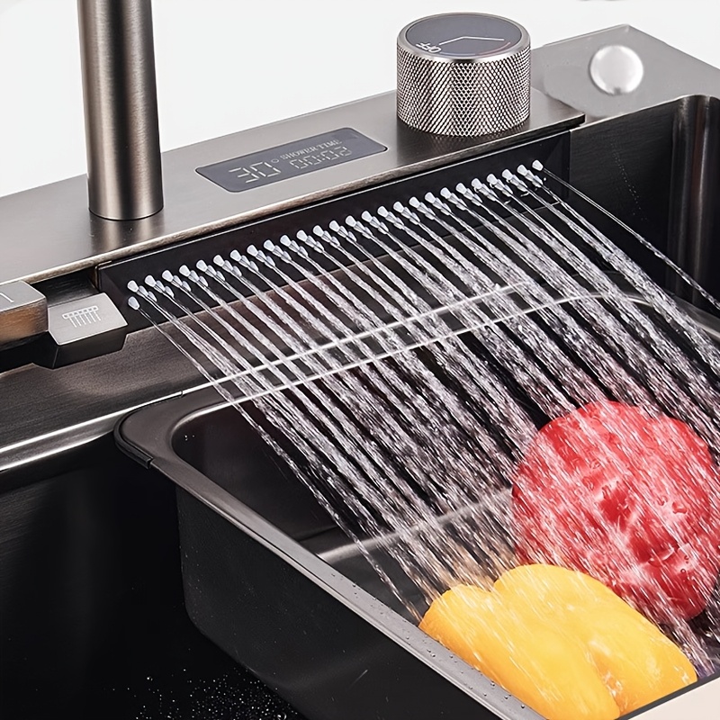 premium stainless steel sink large single bowl with waterfall reinforced including faucet nano protective honeycomb coating 304 stainless steel dish basin set outer diameter 75x45cm inner diameter 70x35cm modern kitchen dishwasher stainless kitchen sink sink smart kitchen sink complete multifunction kitchen sink Product details 9