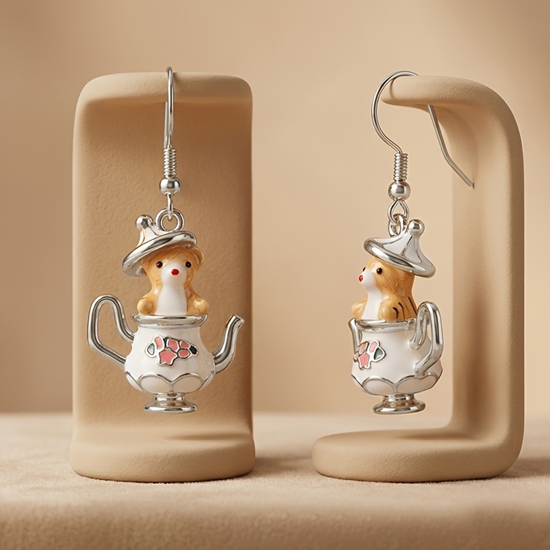 TEMU 1 Pair Of New Cartoon Whimsical Teapot With Small Animal Dangle Earrings - Niche Hippie Ear Accessories - Exquisite Enamel Small Animal Shapes