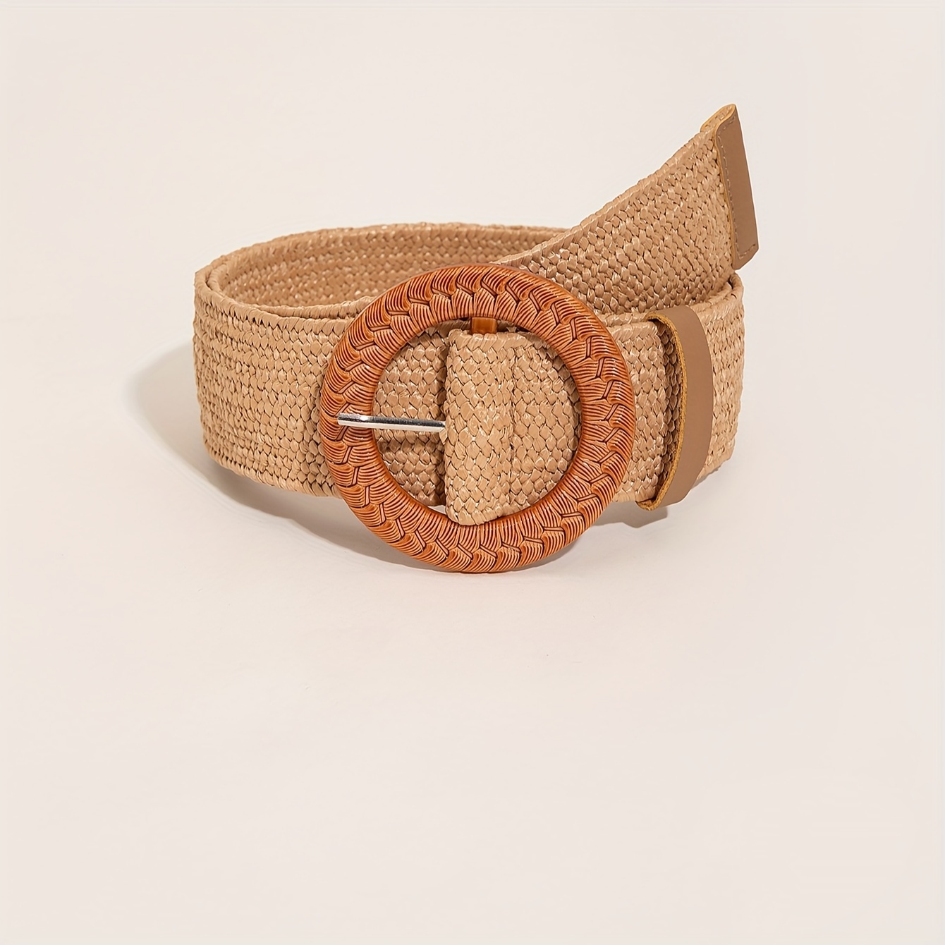 Ladies Women Wide Braided Woven Straw Waist Belt Round Wooden Buckle Belts  Dress