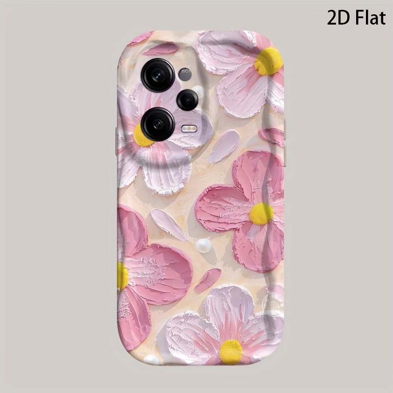 TEMU Phone Case: 2d Flat Layered Pink Flowers Artistic Color Curly Wave Frame Phone Case For Xiaomi 12/13/14/15 Lite&t&t Ultra, Redmi