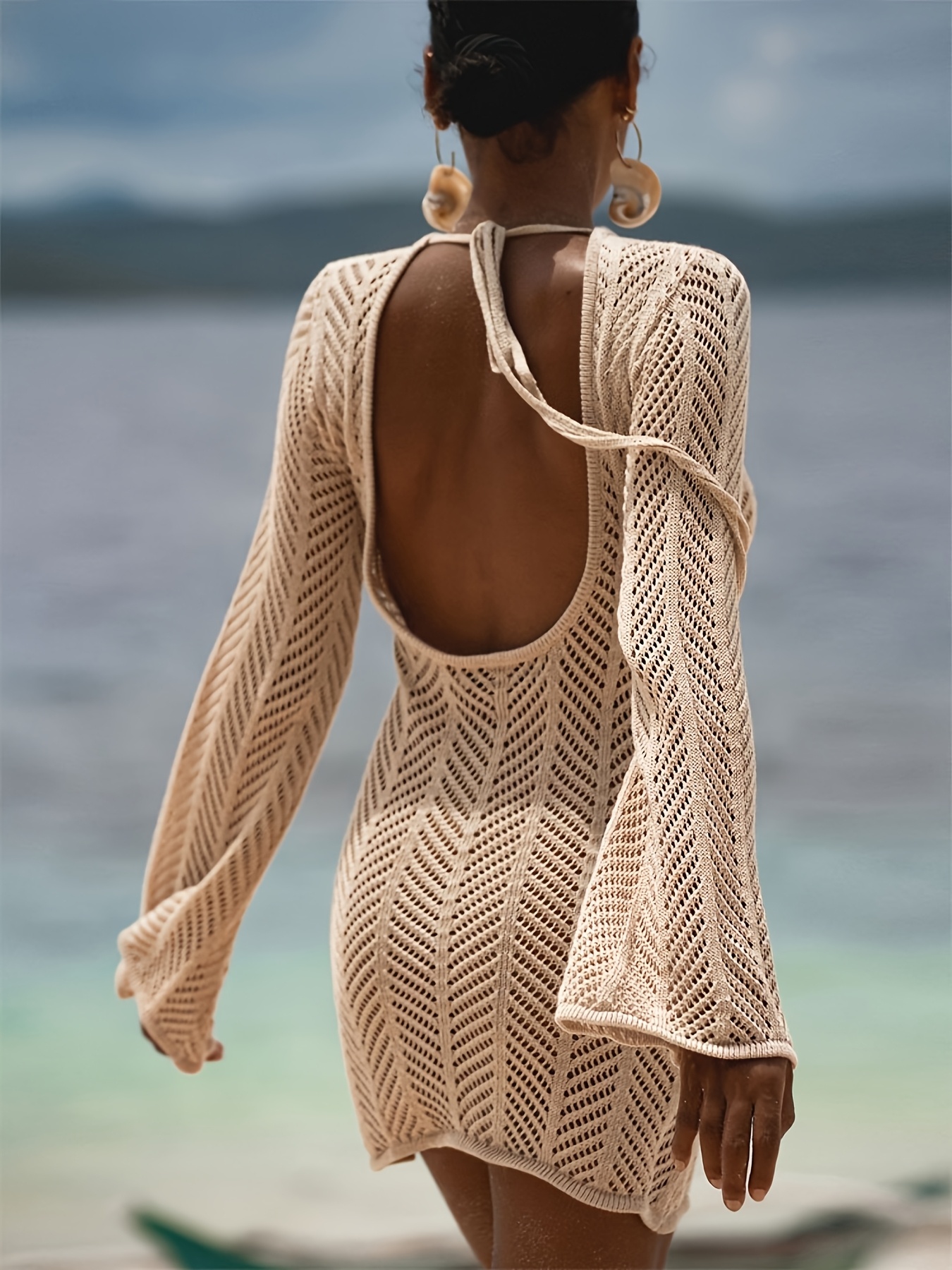 * Apricot Round Neck Backless Dress with Tassel Ties And Flared Sleeves,  Casual Loose Cover-Up for The Beach