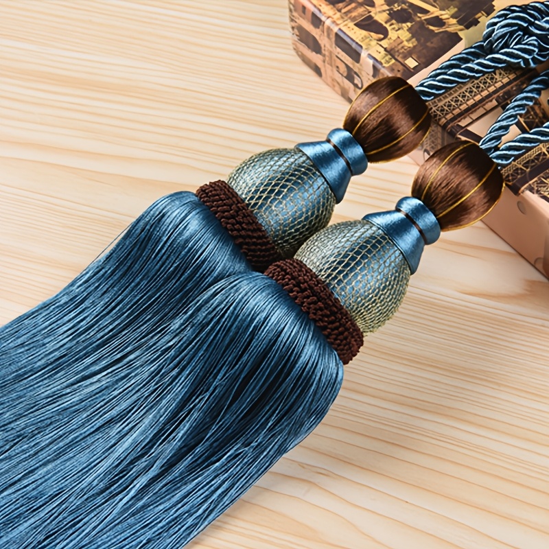 TEMU 2pcs Luxury Texture High-end Curtain Tassel Ornaments - Glossy Satin Long Fringe With Vintage Metal Woven Texture Decorative Beads, Curtain