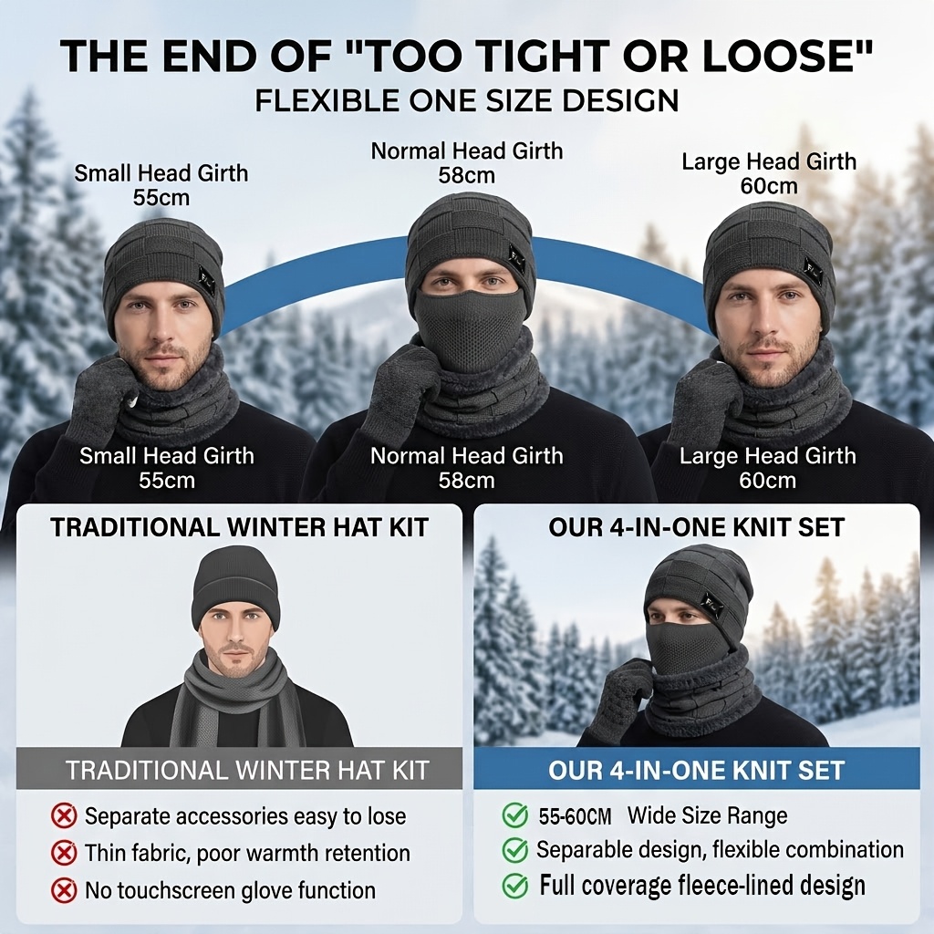 Winter Fleece Hat Set Unisex with Gloves & Neck Gaiter