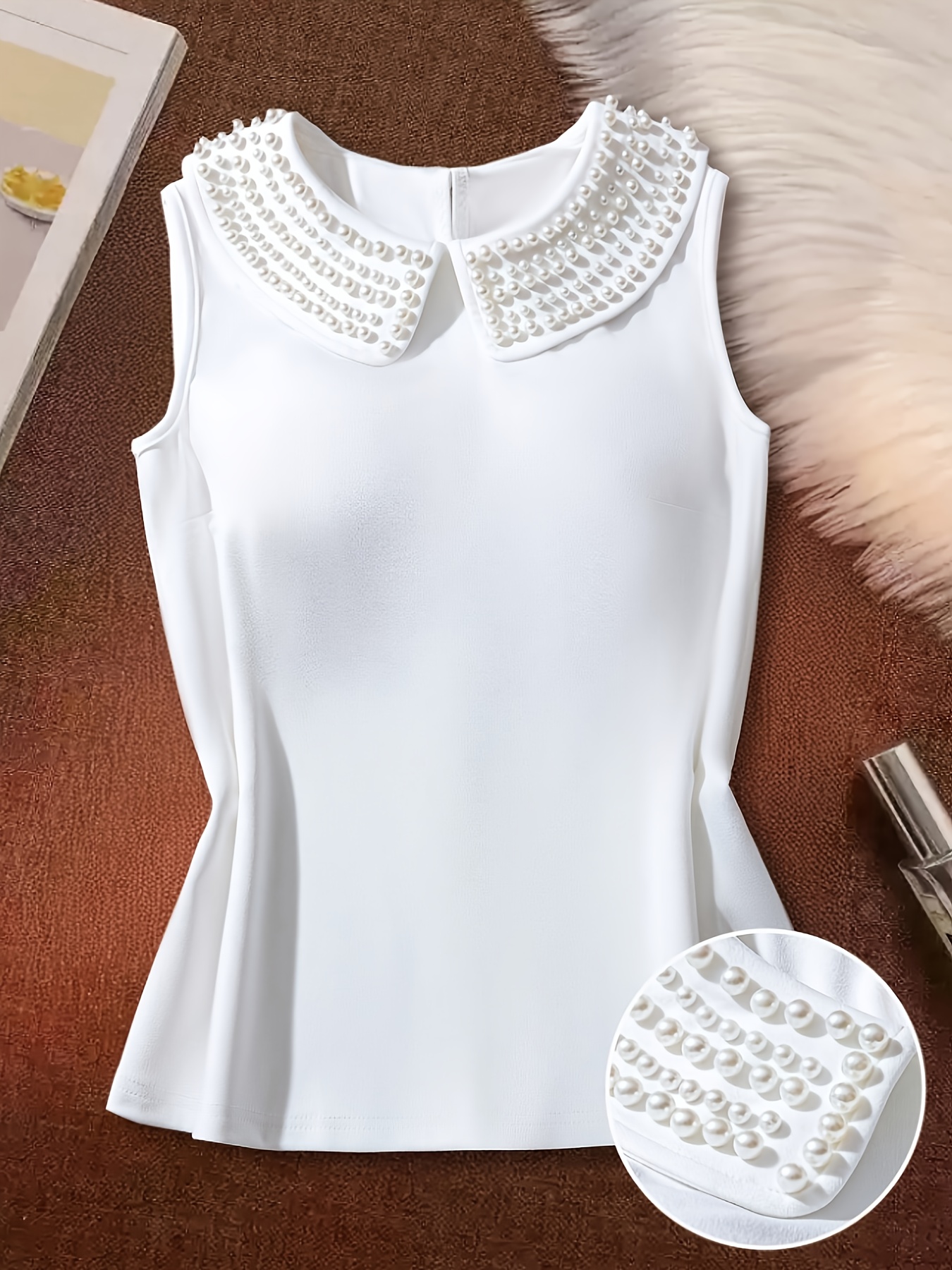 pearl doll neck white sleeveless   fit tank top an elegant and niche designer top details 1