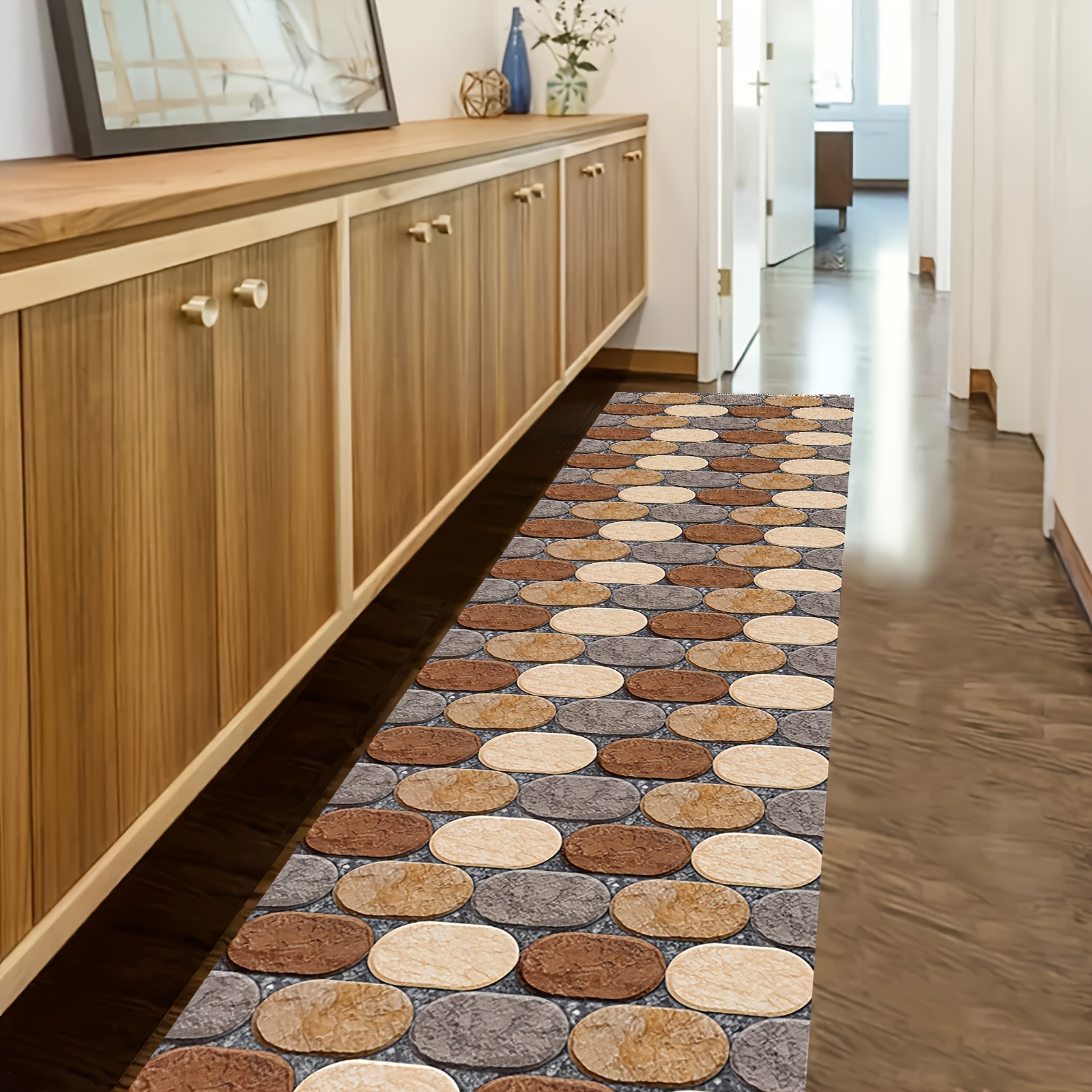TEMU 1pc 5d Embossed Pebble Pattern Long Runner Mat, Non-slip Backing, Suitable For Hallway, Porch, Laundry Room, Kitchen, Shoe Bench, Patio,