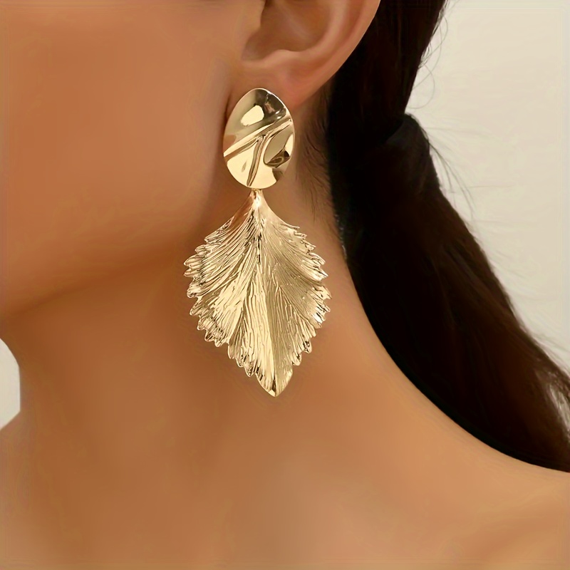 

1 Pair Elegant Vintage Leaf Design Golden-plated Iron Drop Earrings For Women - Chic Dangle Jewelry For And Parties, Party Accessories|chic Jewelry|luxurious