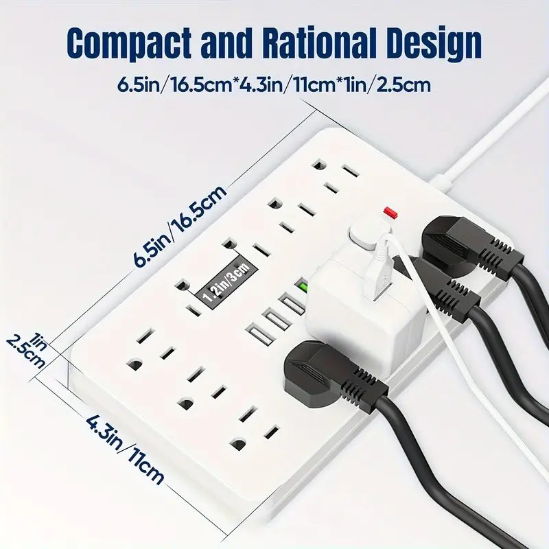 6 ft flat plug protector 11 multiple ac outlets with 6 usb 2 usb c 6 feet extension cord 1875w 15 touch switch button 17 in 1 compact with protector easy to carry suitable for home office and travel details 4