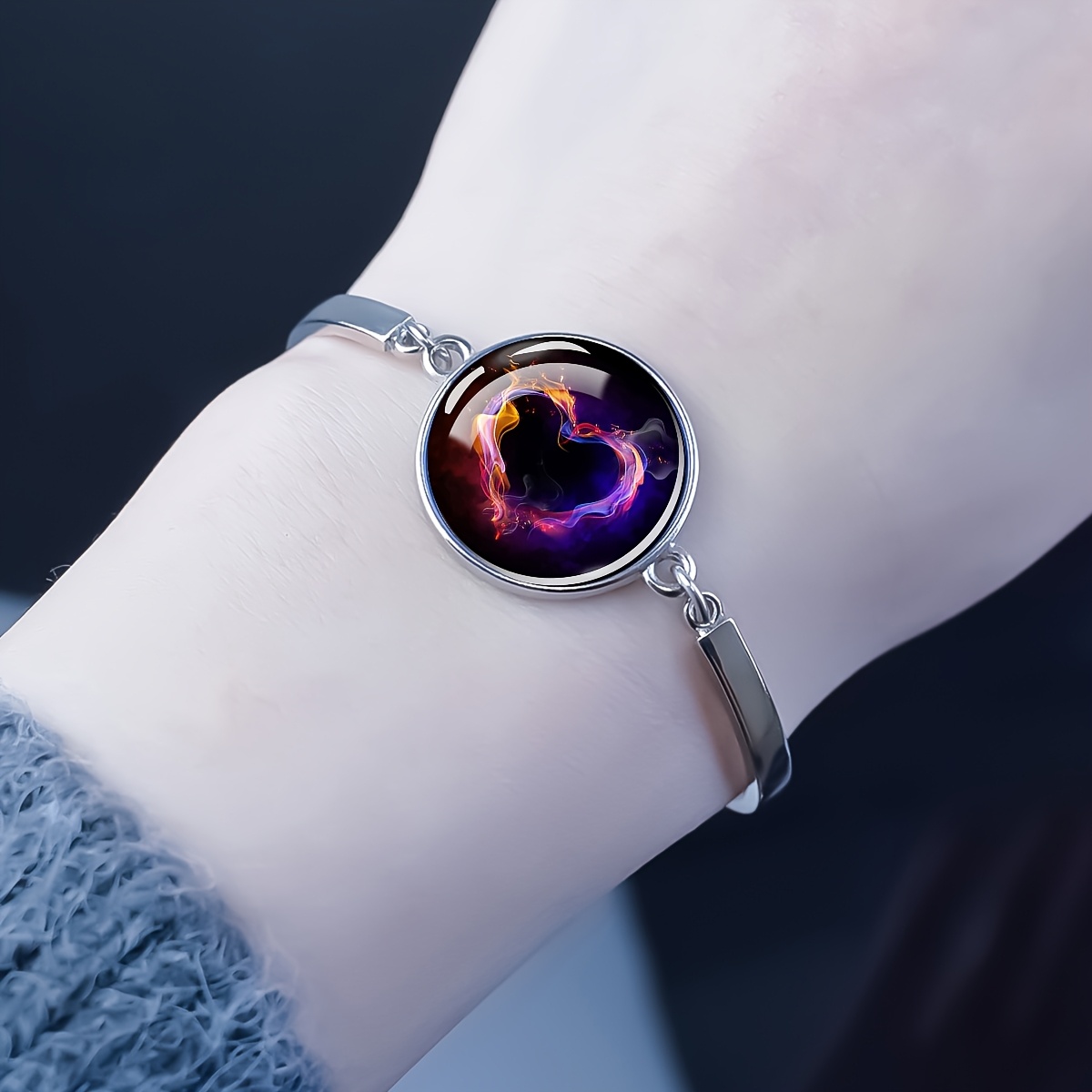 Heart Flame Design Glass Dome Charm Bracelet, Adjustable Bangle