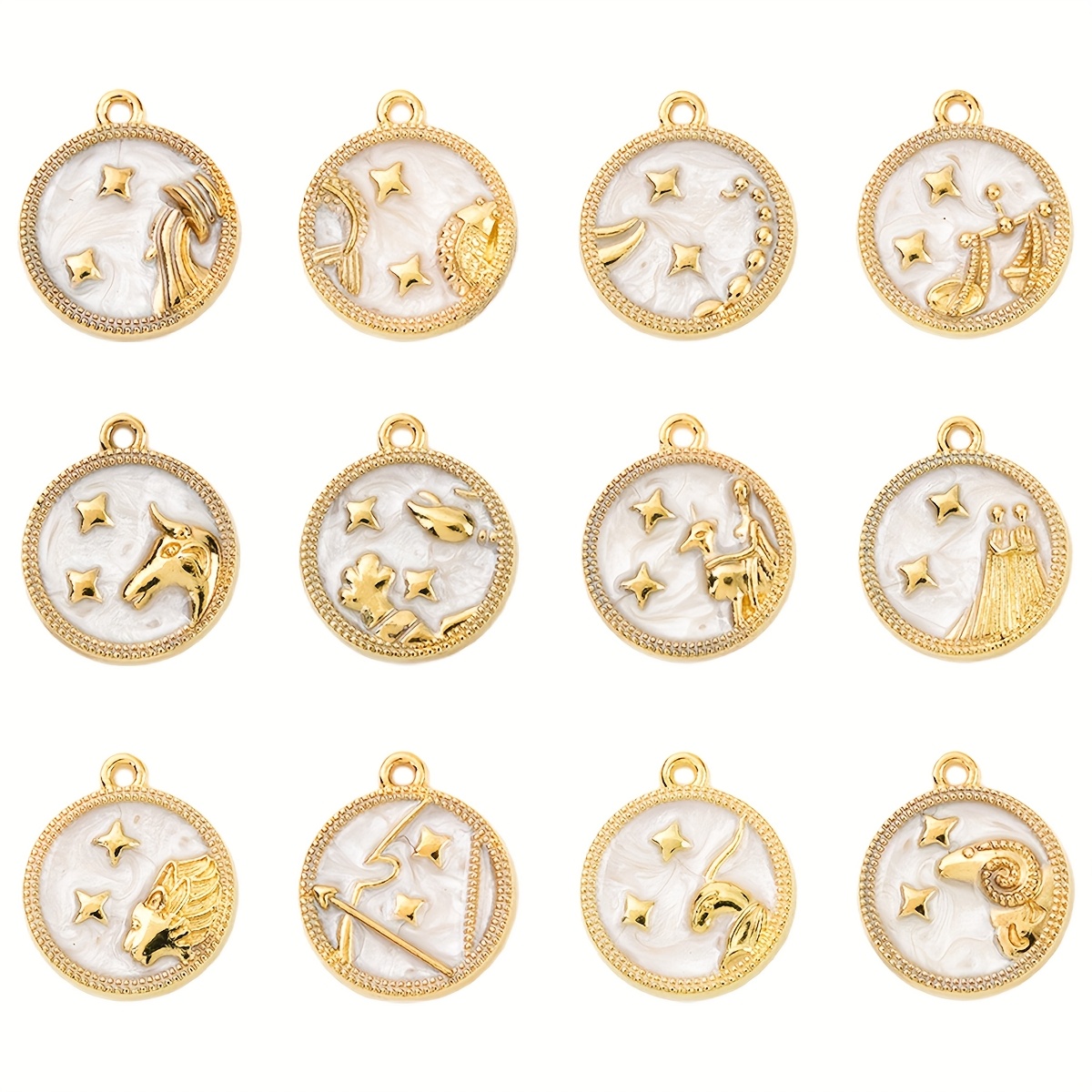 Image of 12pcs 12 Zodiac Series Flat Round Alloy Pendants, Diy Earrings, Necklace Charms, Suitable For Diy Earrings, Bracelets, And Necklaces