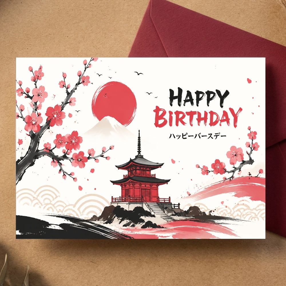 TEMU Carte de vœux Anniversaire, Carte d'art d'encre japonaise avec , et , pour , , les collègues, pour cadeaux d'anniversaire, décoration de fête,