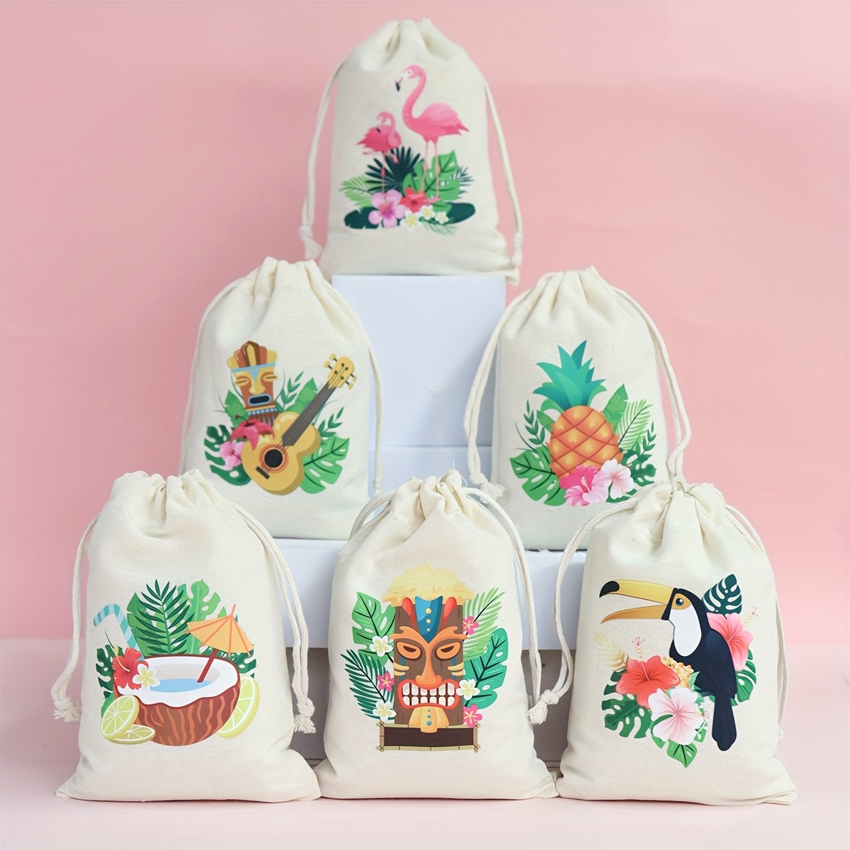 Gift For Her/him 6pcs Hawaiian Theme Flamingo Palm Leaf Summer Party Drawstring Bags, Summer Gathering Packaging Bags, Small Gift Wrapping, Party Festive Decorations