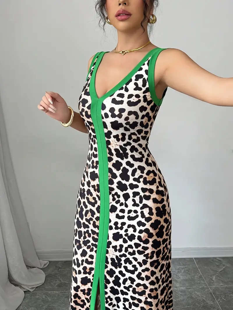 loose leopard v neck maxi dress Leopard Print Notch V Neck Loose Fit Maxi Dress