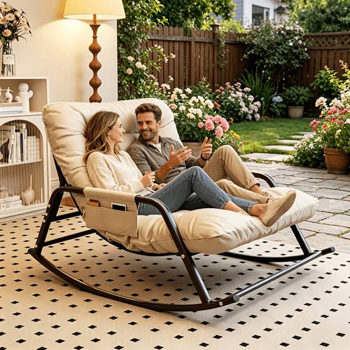 a detachable cushion patio rocking chair outdoor sofa for winter and summer use with an extra wide 80cm seat width and that accommodates two people suitable for leisure and entertainment in courtyards gardens and