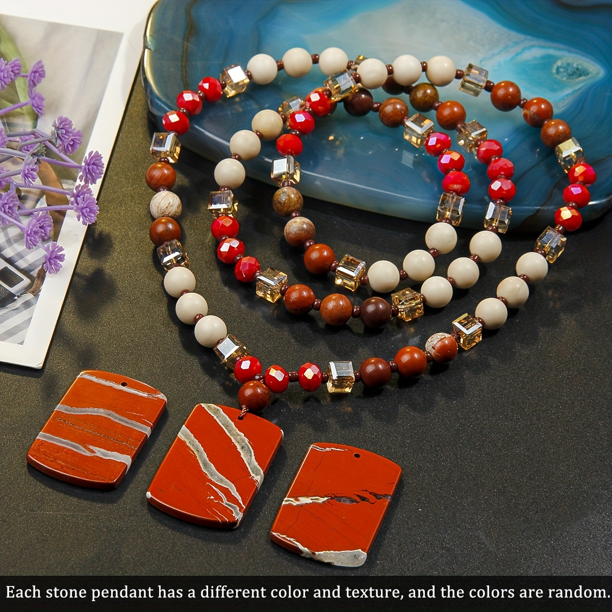 Red Natural Stone Pendant Sweater Chain Necklace