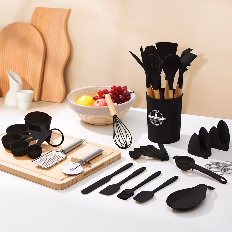 43pcs silicone non stick cookware set with wooden handles best kitchen gadgets for baking and cooking ideal for holidays 1