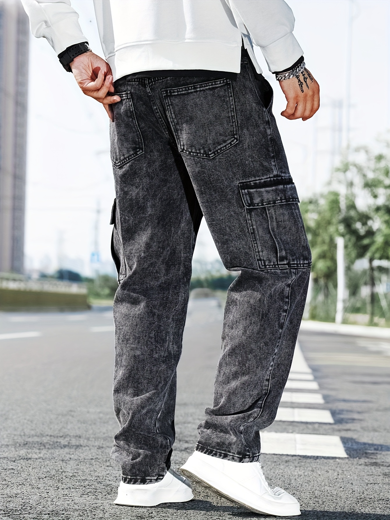 Men'S Casual Cargo Denim Jeans, Mid-Rise with Multiple Pockets, Medium Stretch Straight Leg Pants, All-Season Wear