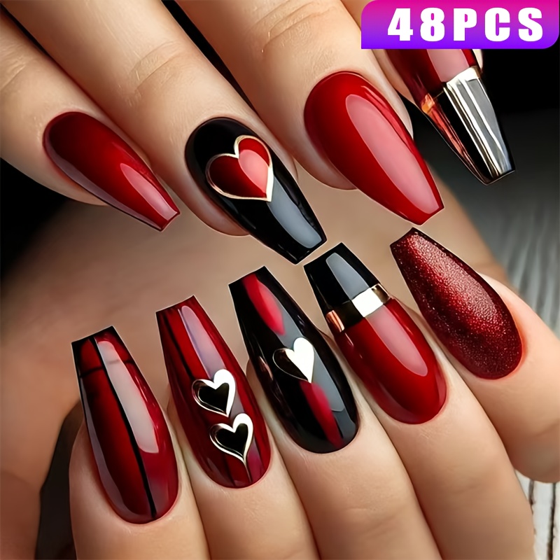 TEMU 48pcs Valentine's Day Press-on Nails With Red & Heart Striped Medium Length False Nails - Glossy Heart Nail Art For &, Romantic Manicure Gift