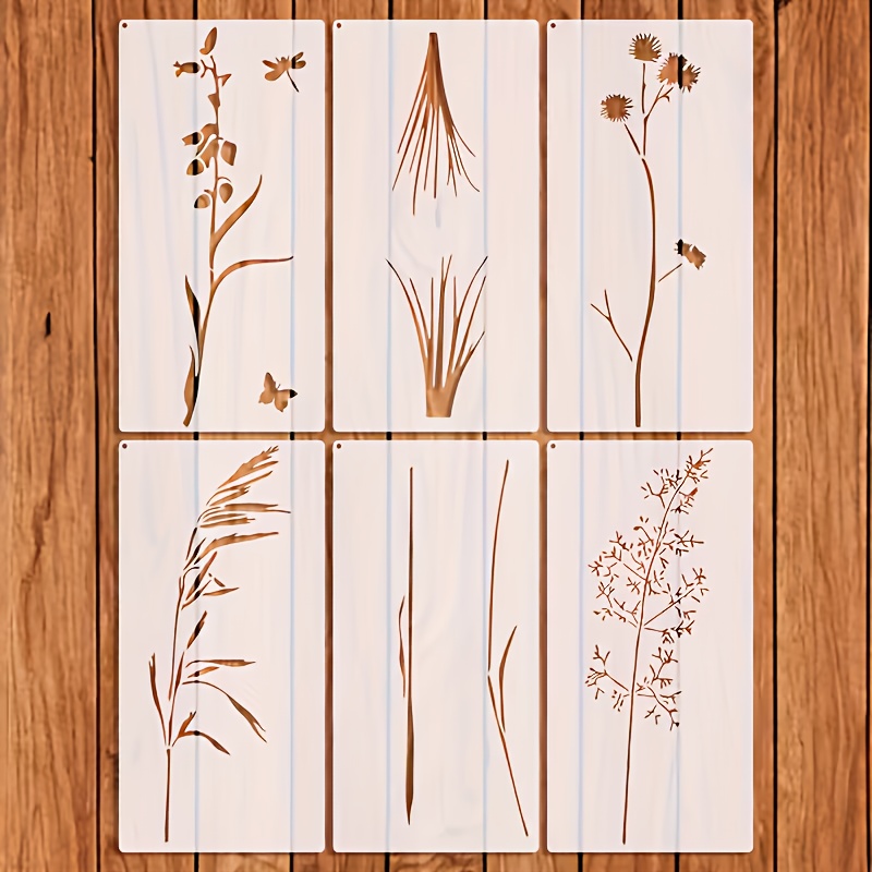 Image of 6pcs And Grass Pattern Stencil | 17.78×35.56cm Natural Botanical Stencil, Suitable For Wall And Fabric Painting | Handmade Stencil For Home Decor, Reusable Art Stencil, Cream Color, Pet Material