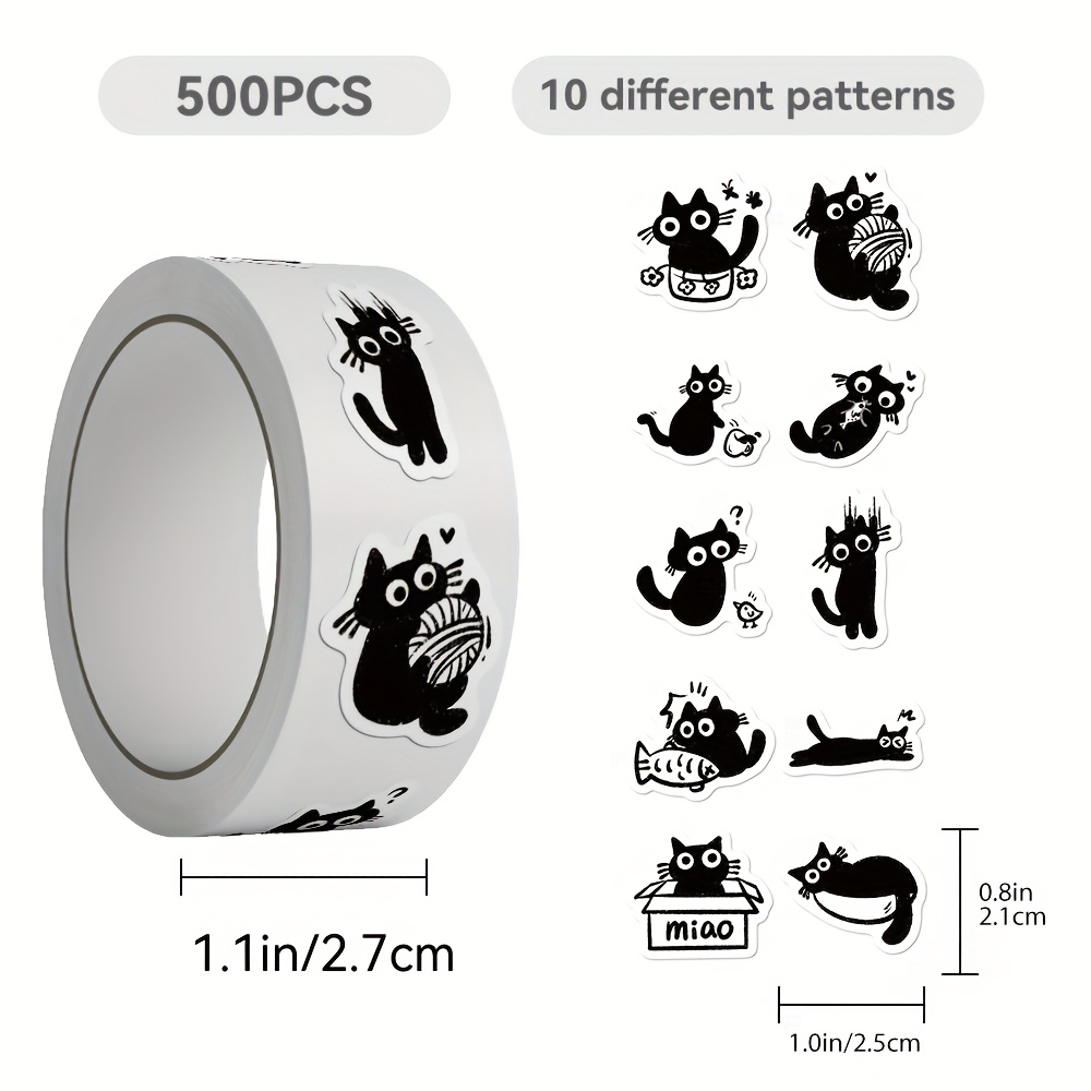 Image of 1roll/500pcs Cute Black Kitten Cartoon Stickers Diy Handbook Goo Card Decoration Skateboarding Mobile Phone Case Stickers