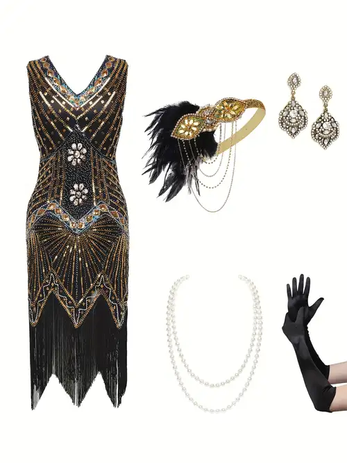6pcs womens 1920s flapper dress v neck slip dress roaring - Temu 6pcs womens 1920s flapper dress v neck slip dress roaring - Temu