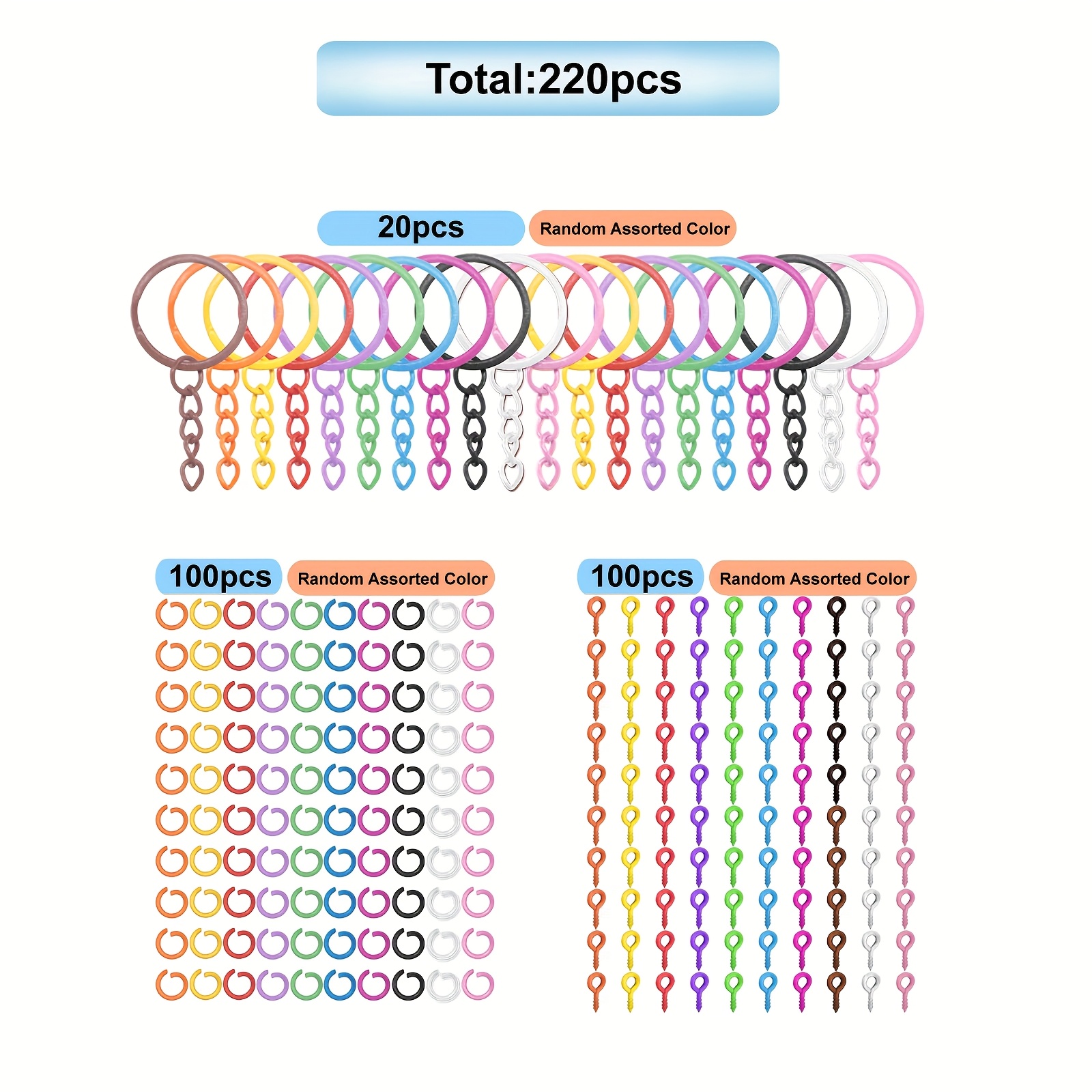 220pcs/pack Colorful Keychain Craft Kit, Includes 20pcs Keyring With Chain, 100pcs Jump Rings And 100pcs Pins, Random Assorted Colors