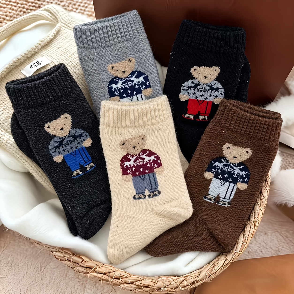 TEMU Autumn Winter 5 Pairs Women's Warm Cute Bear Socks, Comfortable All-match Bear Pattern Plush Mid-calf Socks