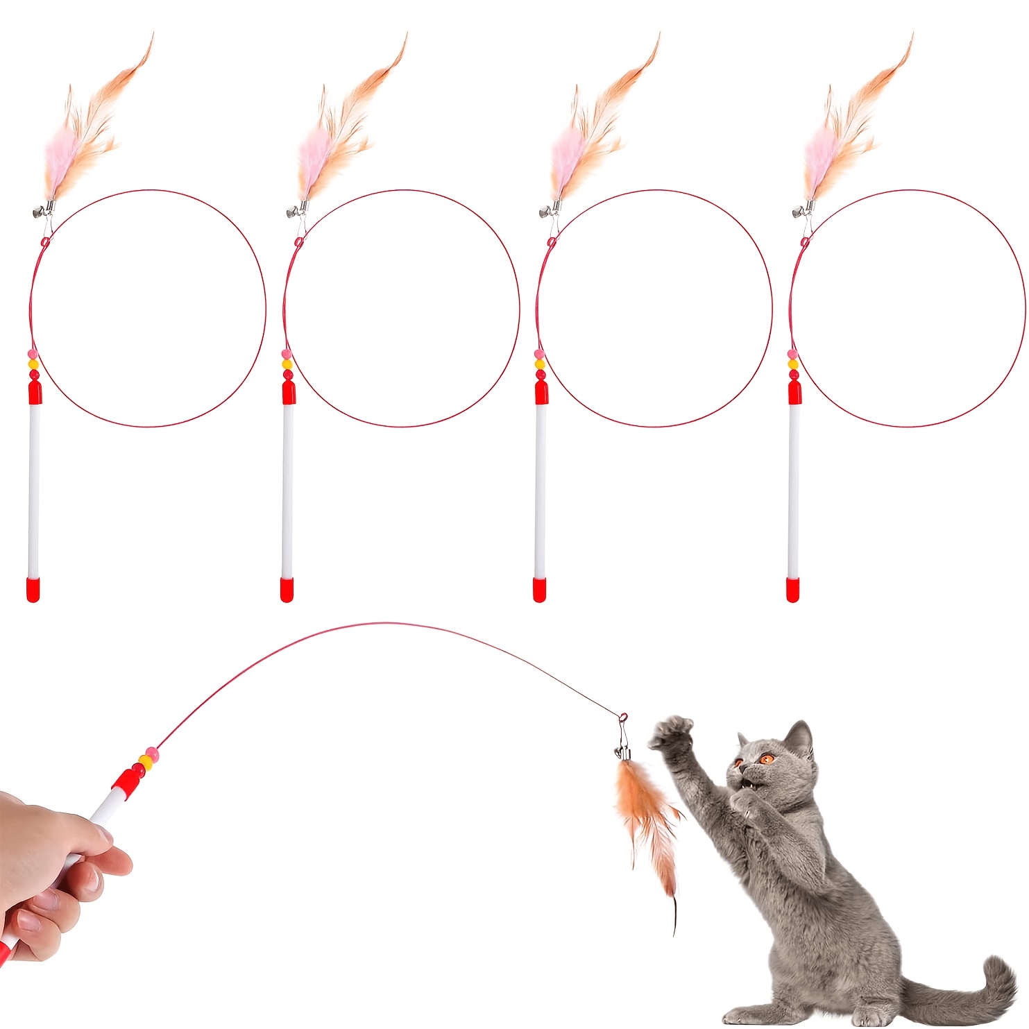 TEMU 4pcs Cat Feather Toys, Interactive Cat Feather Wand Toy Pet Teaser Wire Wand Beads Wands Toys For Cats Exercise Play, Artificial Feathers,