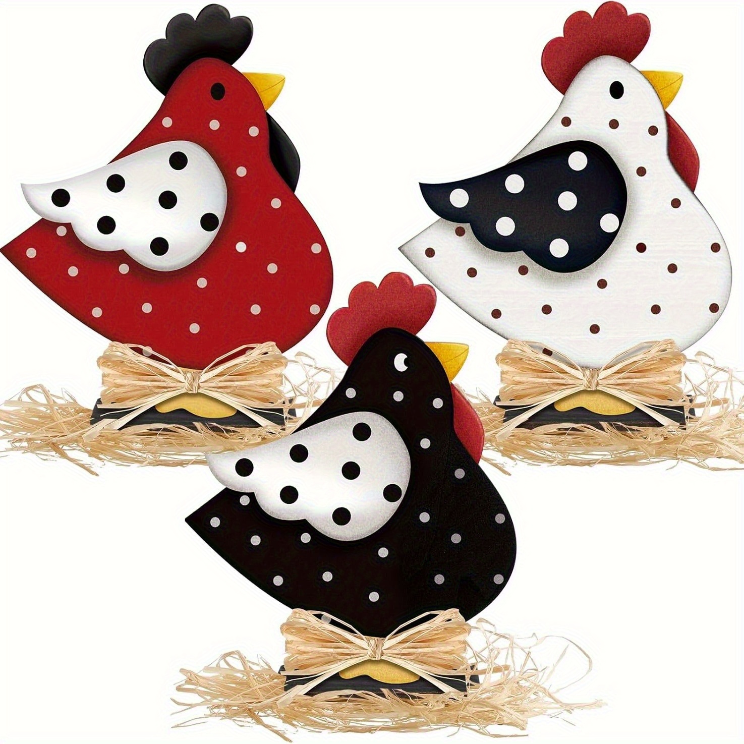 3pcs Cute Wooden Chicken Party Decorations | Double-sided, Featuring Straw Nests, Ideal For Home Farmhouse And Easter Decor