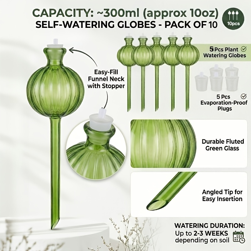TEMU Jajc 10pcs Cactus Plant Watering Ball Set, 5 Automatic Self Watering Globes With 5 Plugs, Anti-clogging Irrigation System For Indoor Plants,