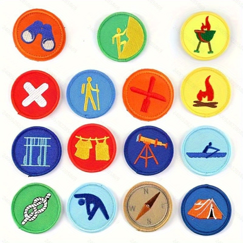 TEMU 15pcs S' Scout Badges Set - With Camping, , Hiking, Swimming, Map-reading, Firemaking, Knot-tying, Diy Iron-on/sew-on Patches - Heavy-duty