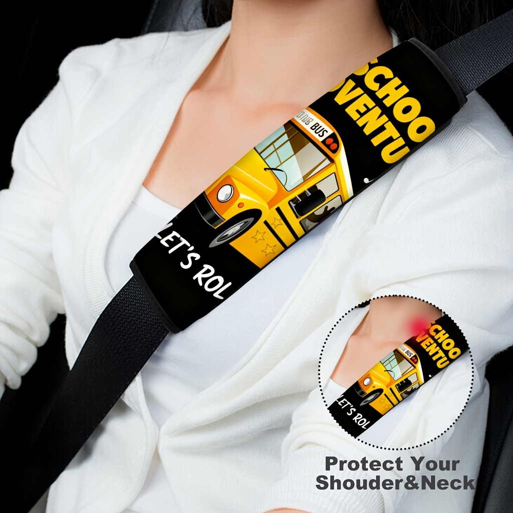 TEMU 1pc School Bus Adventure Theme Car Seat Belt Cover, Soft Breathable Adjustable Shoulder Pad, Suitable For Car Models, Perfect For Long Distance