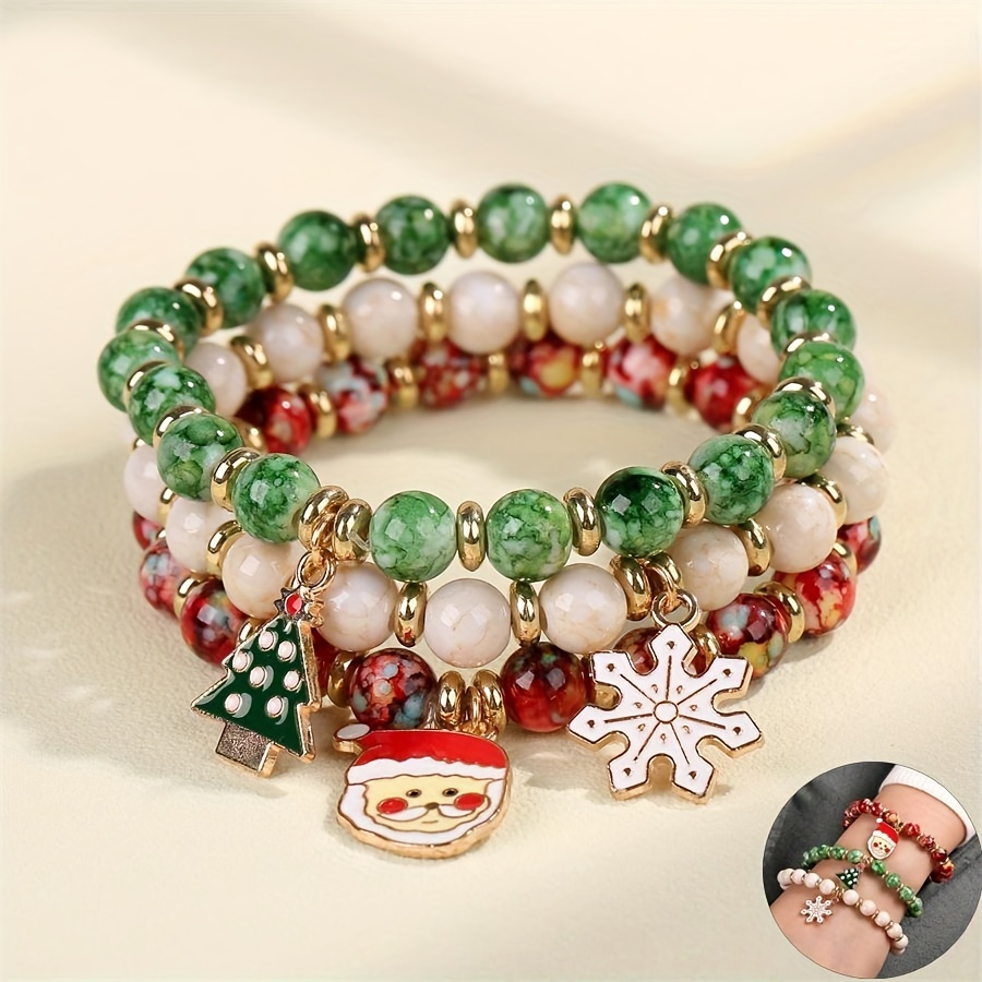 

3pcs/1set Christmas Hand Decoration 3 Christmas Christmas Tree Snowman Beaded Combination Bracelet Festival Party Fashion Bracelet