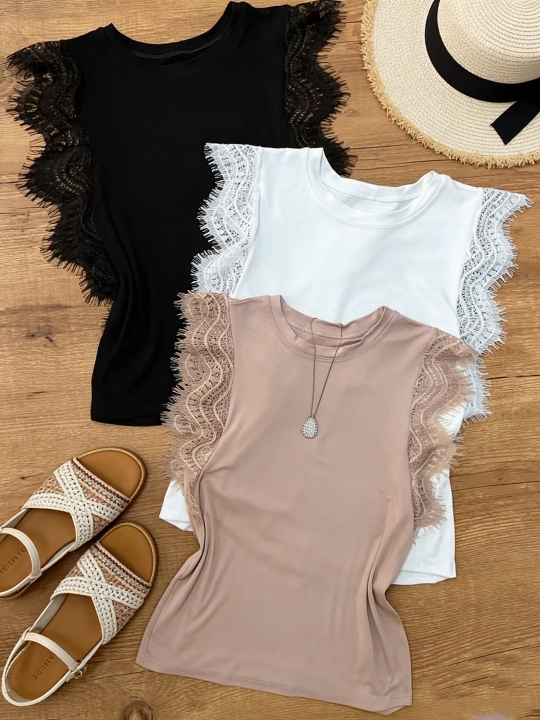 3pcs summer fashion vest set lace trim splicing round neck easy solid color casual vest sleeveless top for   walking elegant womens clothing ladies wear multi piece set asd1 details 0