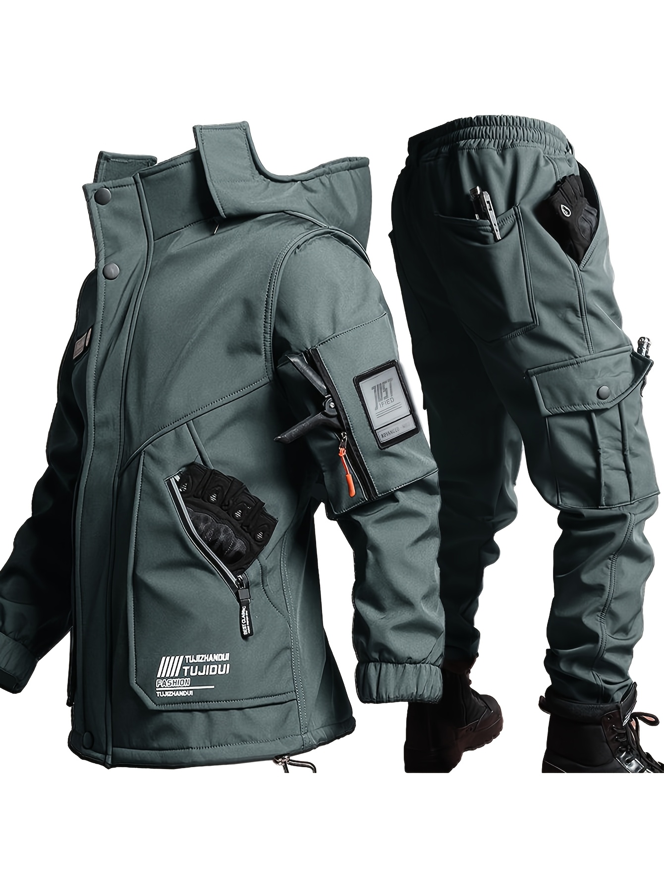 item picture mens thick fleece winter warm set workwear casual jacket with hooded zipper multi pocket jacket casual autumn and winter mens jacket long pants fleece set warm outdoor hiking wear resistant