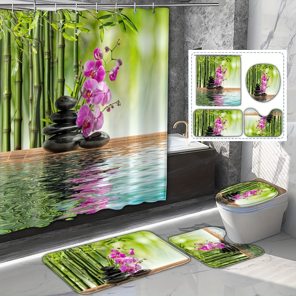 

1/4pcs Bamboo Orchid Pattern Set, With 12 Hooks, Non-slip Bath Mat, U-shaped Toilet Mat, Toilet Cover Mat, Bathroom Decor Accessories