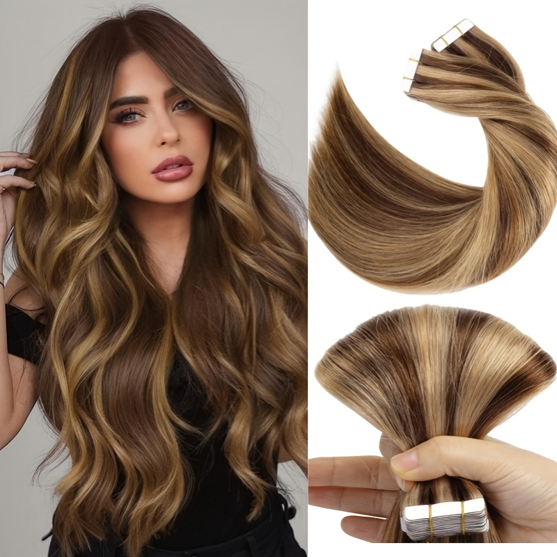Image of 4/27 Highlight Tape In Hair Extensions Human Hair Straight Human Hair Seamless Invisible Highlight Brown Blonde /27 Brown Color For Occasions