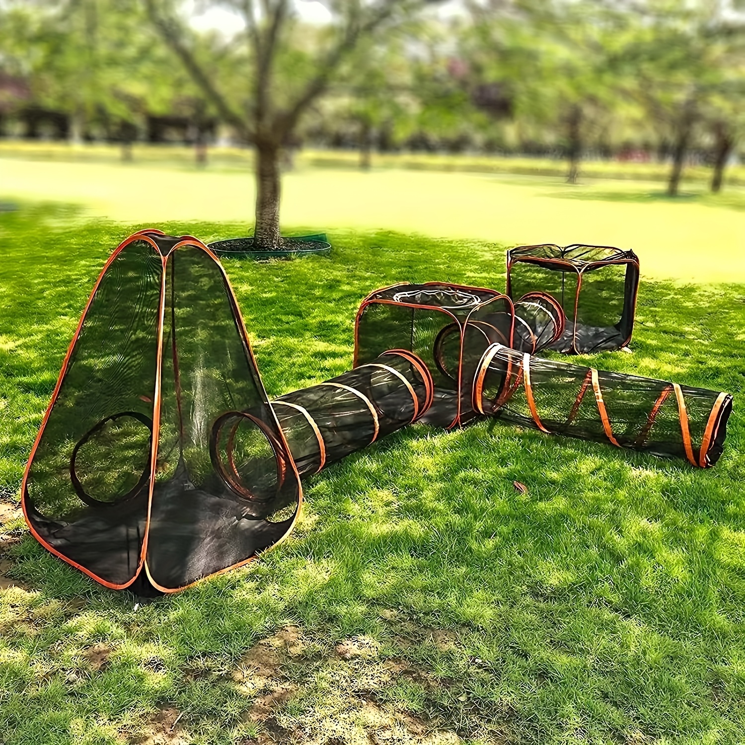 6-in-1 Honden- en Kattenkooi met tunnel, ademende polyester speeltunnels en tentset, indoor/outdoor training- en oefenspeelgoed voor katten en honden, kooi- en tenten voor katten, konijnen, vossen en kleine dieren, indoor/outdoor kattenhuis