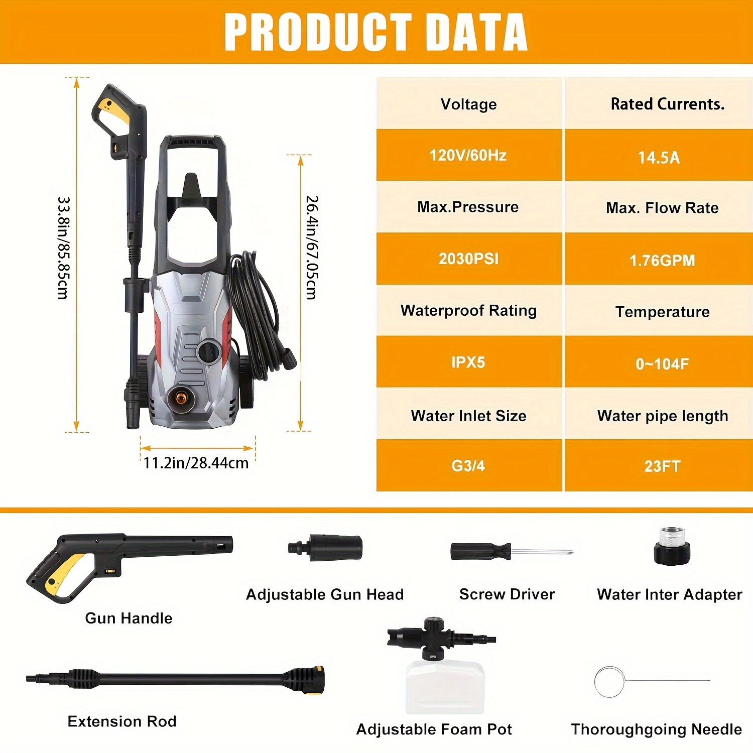 electric pressure washer 2030 psi max 1 76 gpm power washer with hose hook ipx5 car wash machine with gimbaled nozzles foam cannon for cars patios and floor cleaning details 3