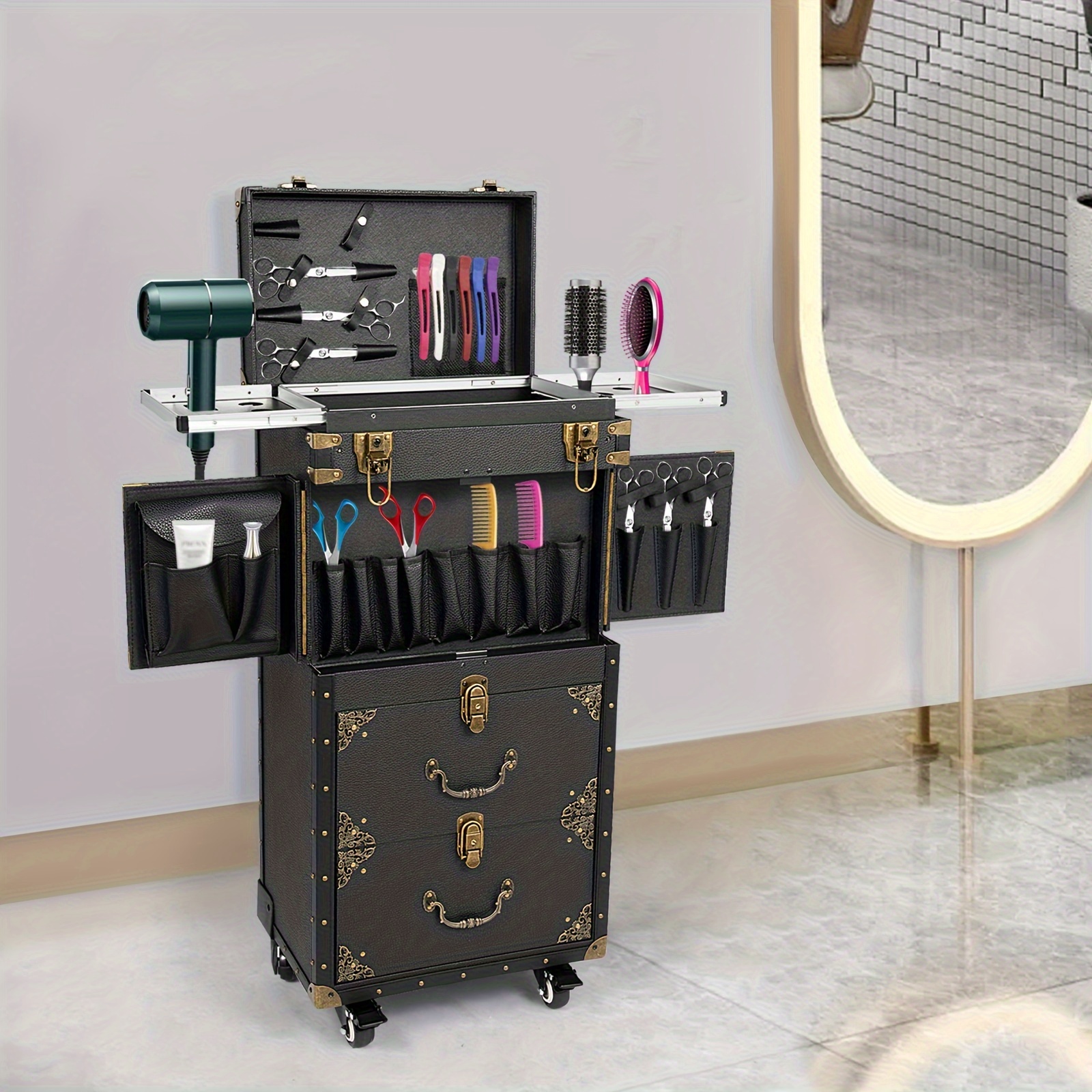 

Beauty Dual Locking Storage Cart W/ Hair Dryer Holders Barber Shop