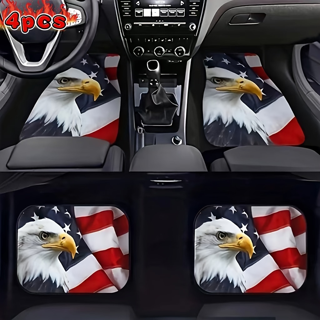 

4-piece Universal Fit Eagle & American Flag Car Floor Mats Set - Durable, Absorbent, Non-slip, Washable Polyester Mats For Cars, Suvs, Trucks, And - All-season Protection