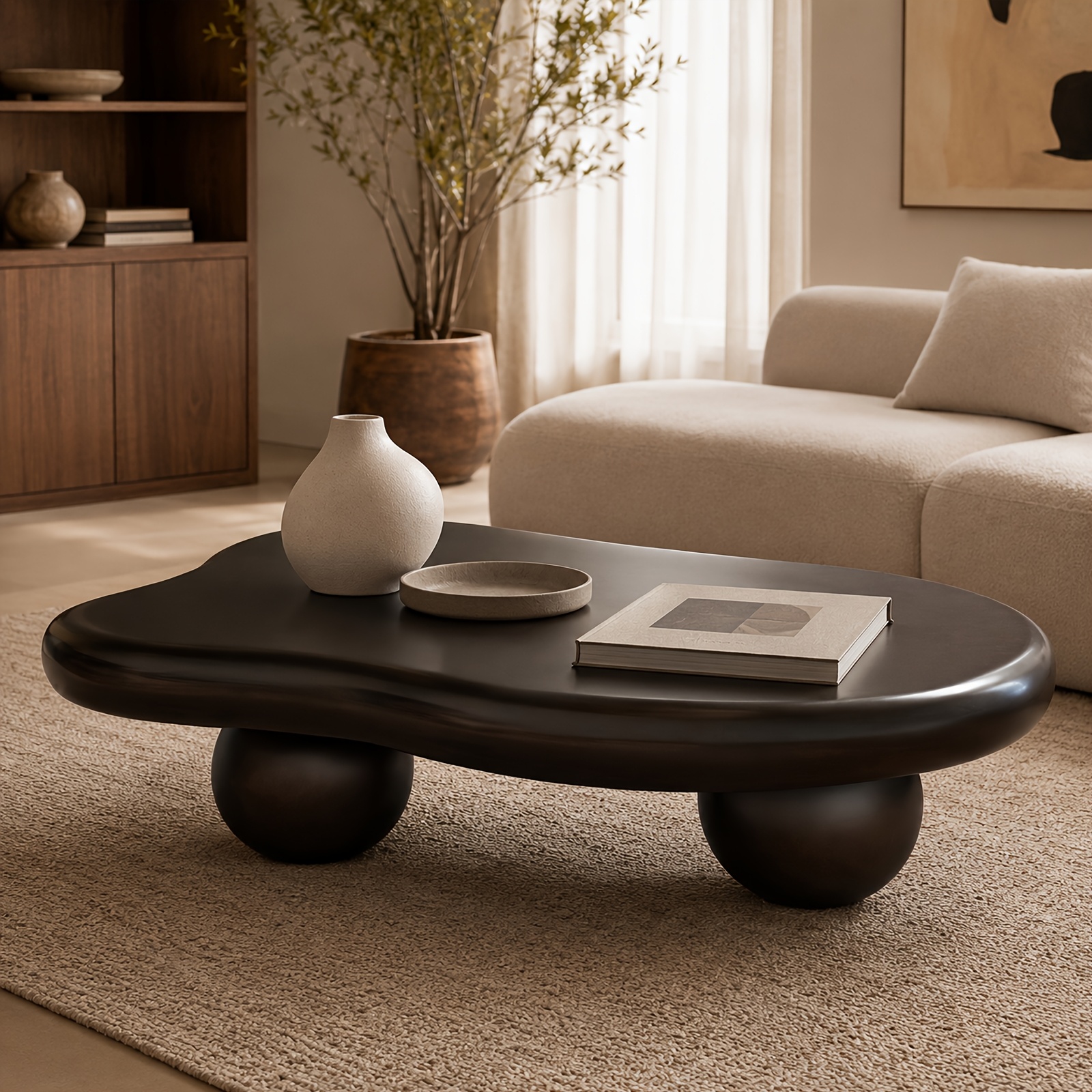 Image of Coffee Table, Cloud-shaped Coffee Table, Modern Irregular Oval Table With 3 Bases, Cream/black Coffee Table, Suitable For Bedroom, Apartment, Living Room